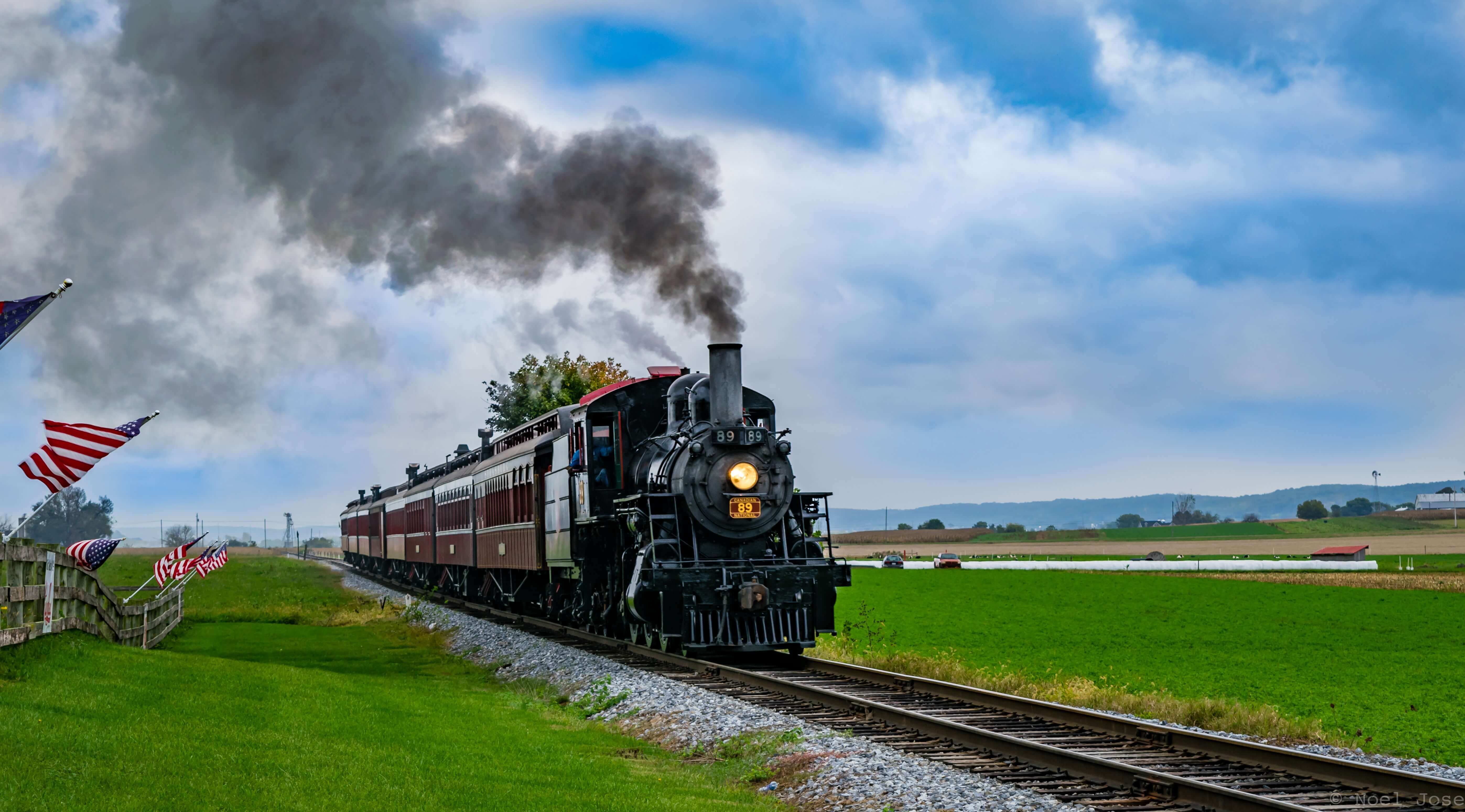 Train driving through a rural town